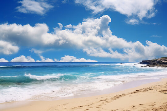 A bird's eye view of a beautiful beach, with rough waves under blue sky and white clouds, split lighting, AI Generative