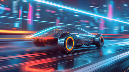 A high-speed futuristic vehicle races through a neon-lit cityscape, creating a sense of advanced technology and exhilaration