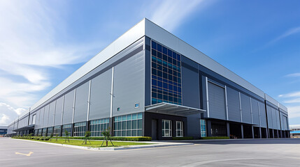 Fototapeta na wymiar A contemporary warehouse exterior under a clear blue sky, showcasing modern industrial architecture and design