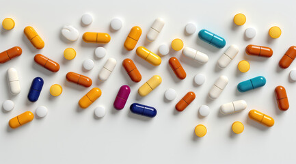 Healthcare and medical, pharmacy and medicine, antidepressant and vitamin concept. Group of 3d pills and medicine capsules on white background. Close-up of painkillers in top view flat lay - obrazy, fototapety, plakaty