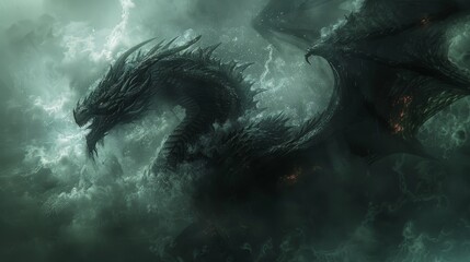 Illustrate a foreboding scene with an evil black dragon