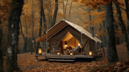 tent in the fall woods with chairs and candle, in the style of light brown and dark beige, modular construction, functional, caninecore, AI Generative