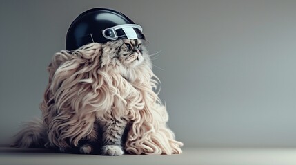 A regal Persian cat, its fur a cascade of soft, luxurious waves, dons a modern, matte-black safety helmet.