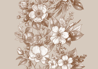 Boutonniere of wild rose flowers and berries Seamless pattern, background. Outline hand drawing vector illustration. In botanical style