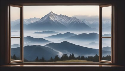 A picture window with views of a misty mountain range