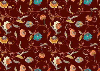 Fantasy flowers in retro, vintage, jacobean embroidery style. Seamless pattern, background. Vector illustration.