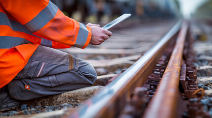 An engineer is checking the condition of the railroad tracks with a tablet. - obrazy, fototapety, plakaty