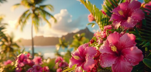 Tropical flowers on the beach - obrazy, fototapety, plakaty