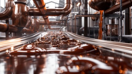 The manufacturing procedure of crafting chocolate goods within a chocolate manufacturing facility entails mechanized and automated technological methods for producing confectionery. Сhocolate factory - obrazy, fototapety, plakaty
