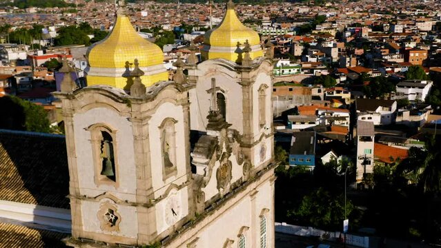 Aerial view of Nosso Senhor do Bonfim church, the city around and the ocean at background, Salvador, Bahia, Brazil