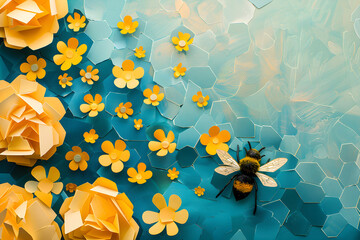 Paper illustration with a bee, bumblebee on a blue background with yellow flowers. Concept template for international bee day, summer picture, important insects copyspace - obrazy, fototapety, plakaty