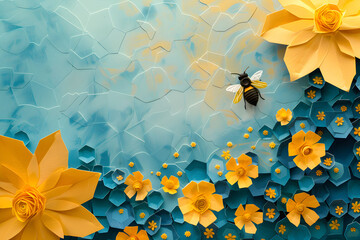 Paper illustration with a bee, bumblebee on a blue background with yellow flowers.Concept template for international bee day, summer picture, important insects copyspace - obrazy, fototapety, plakaty