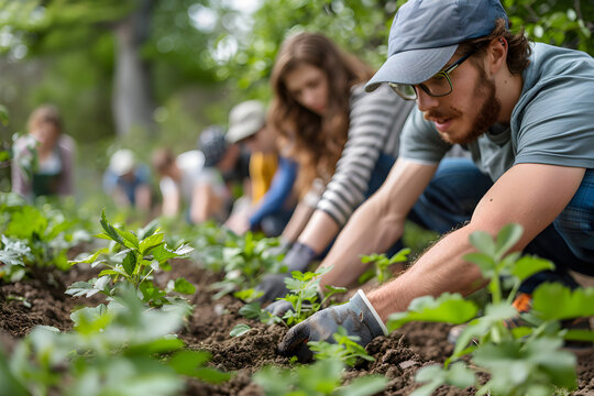 People are planting trees and working in community gardens, promoting local food production and habitat restoration, emphasizing the concept of sustainability and community involvement.