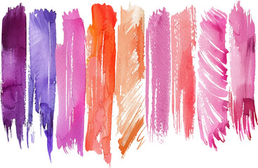 Watercolor paint brush strokes set, pink and purple color palette, vector illustration on white background