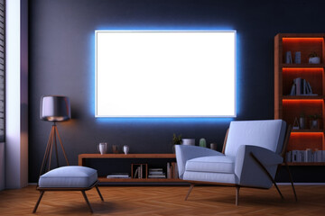 Modern interior with empty framed poster on wall, illuminated with blue light, furniture