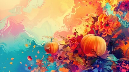 Colorful Abstract Holiday Background with Flowers, Pumpkins, and Seasonal Elements in a Vibrant Vector Illustration