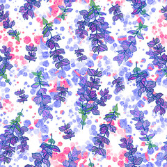 Watercolor salvia leaves and petals seamless floral pattern