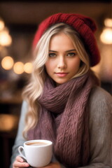 Woman in knitted hat wearing scarf drinks coffee in cozy cafe.Fashion glamour art.