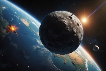 Asteroid and planet 3d render illustration - obrazy, fototapety, plakaty