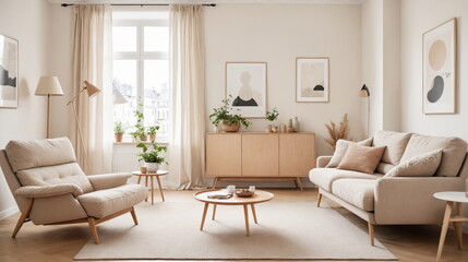 Fototapeta na wymiar the calm aesthetic of a Scandinavian-inspired living room, featuring a cozy beige sofa, a recliner chair, and minimalist decor bathed in natural light