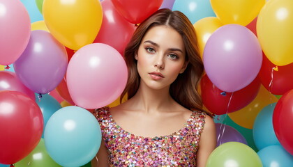 Fototapeta na wymiar A striking portrait of a girl surrounded by a multitude of brightly colored balloons, suggestive of a solemn event.