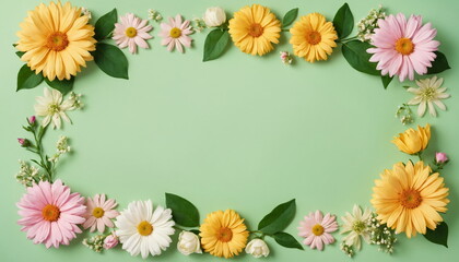 Fototapeta premium A banner of flowers on a green background for a greeting card template for a wedding or a women's holiday. A composition with space for its own text.