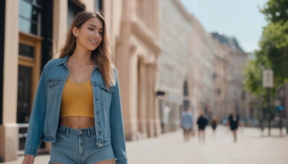 A stylish young woman in a denim outfit walks with confidence on a city street, with historic architecture and a clear sky in the background