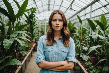 Young woman in tropical greenhouse