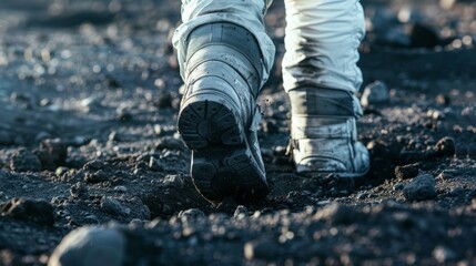 Hiker's Boots on Volcanic Rock Terrain - obrazy, fototapety, plakaty
