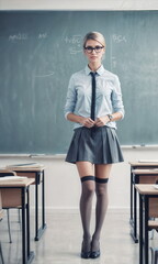 A young teacher woman in professional attire sits at the forefront of a classroom with rows of empty chairs, a chalkboard behind her