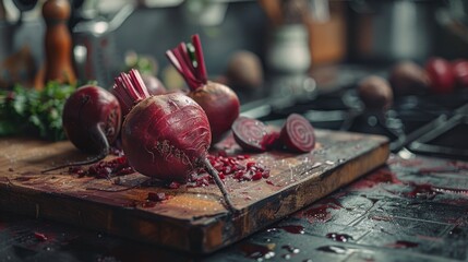 Fresh beetroots with leaves on a wooden cutting board and scattered pieces on a dark background - obrazy, fototapety, plakaty