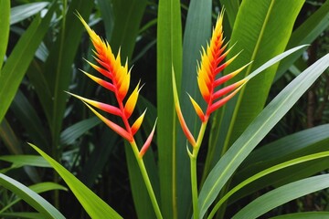 Obraz premium Heliconia rostrata, the hanging lobster claw or false bird of paradise, is a herbaceous perennial plant natural from Colombia
