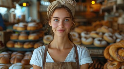 Happy young female baker in apron and headscarf at bakery. - obrazy, fototapety, plakaty