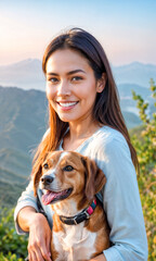 Smiling Woman With Her Dog Enjoying a Mountainous Lakeside View at Sunset.