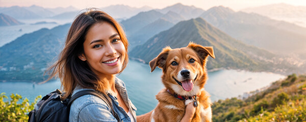 Smiling Woman With Her Dog Enjoying a Mountainous Lakeside View at Sunset.