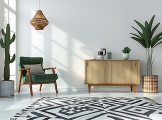Modern living room with white walls, a green armchair and a wooden cabinet near a geometric black-and-white rug on the floor, plants in pots, a coffee machine on a sideboard, a cactus decoration