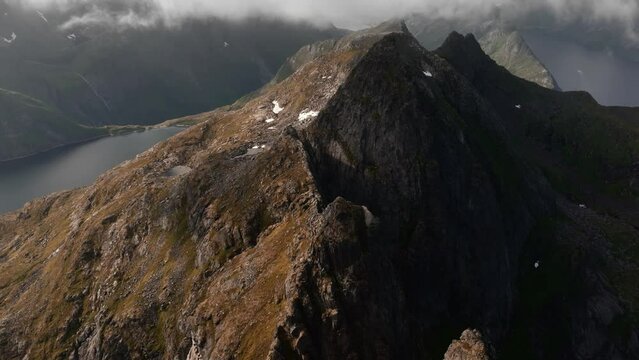 Aerial view of Segla mountain above the sky, Norway during summer