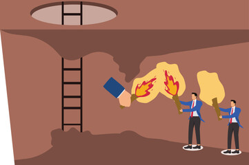 Passing on of cultural fire commerce, acquiring a legacy or skill of experience, passing on or succession plan, successor, torch relay, businessman taking an unlit torch to a giant's torch to be lit