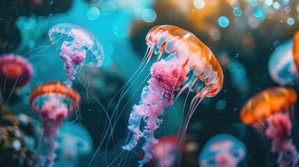 Group of jellyfish swimming underwater. Close-up marine life photo. - obrazy, fototapety, plakaty