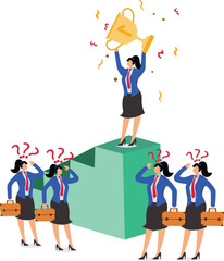 Career Competition or Leadership, Career Skills Advantage, Career Skills Gap, Winners in Competition, Group of Failed Businesswomen Looking at the Successful One Standing at the Top of the Stairs