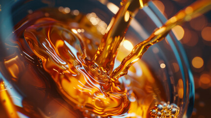 Golden oil flows from a bottle with a blurred background creating a bokeh effect. - obrazy, fototapety, plakaty