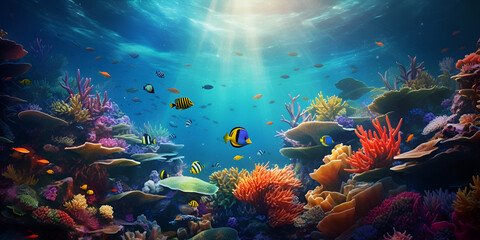 Fototapeta na wymiar The ocean is a coral reef with a fish swimming in it wallpaper Snorkeling Marine Life