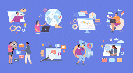 Fototapeta premium Data Searching flat icons vector illustration. Vector illustration concept for business analysis, market research, product testing, data analysis.