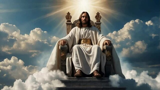 jesus sitting on a throne in the clouds dressed in sparkling white cloths