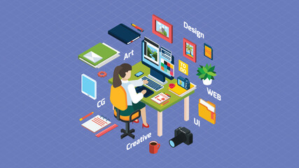 Freelance Designer isometric vector illustration. Freelance Vector Isometric illustration