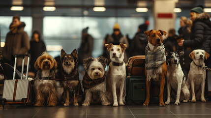 A charming scene of well-traveled dogs patiently waiting at the airport with suitcases, adding a lighthearted touch to travel