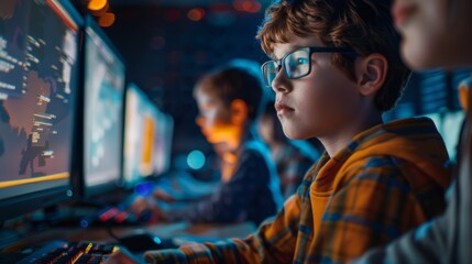 Obraz premium Technology and education with an image of students learning computer science concepts in a classroom or participating in a coding workshop