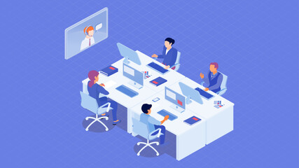 Online business meeting isometric vector illustration. Concept with business characters, flat isometric vector illustration.