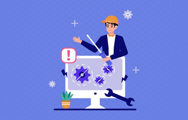 People repair computer flat icon vector illustration. Technician fixing PC hardware flat vector illustration.