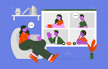 Video call friends vector illustration. Online communication and virtual internet connection concept.